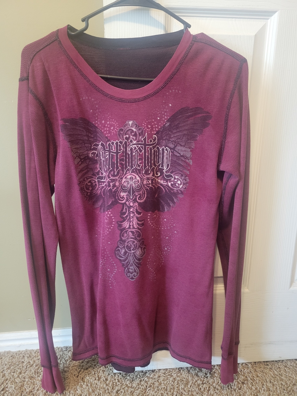 Affliction Plum Long Sleeve Graphic Tee with Winged Cross